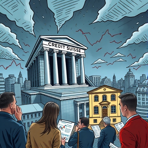 สัญลักษณ์ธนาคารใหญ่ Credit Suisse กำลังล้มลงท่ามกลางตลาดการเงินที่มีพายุคำถาม