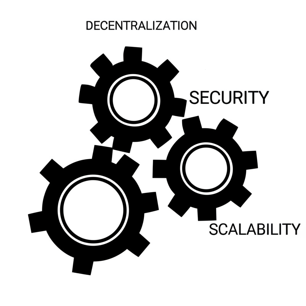 Illustration of three conflicting gears labeled decentralization security scalability in a blockchain world