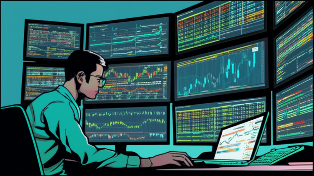Thai trader analyzing forex charts with multiple screens