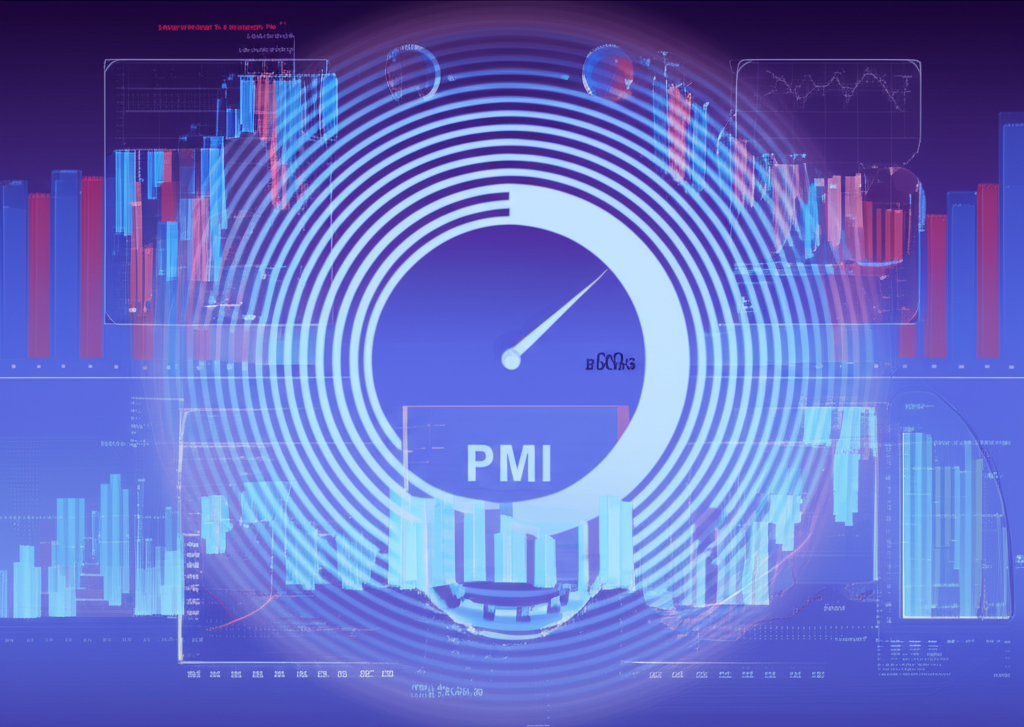 ภาพประกอบแดชบอร์ดเศรษฐกิจโลกพร้อมเกจ PMI ที่แสดงตัวเลขกำลังเพิ่มขึ้น