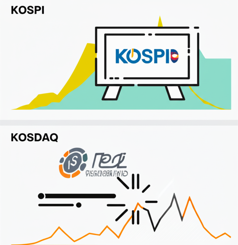 ภาพประกอบกราฟหุ้น KOSPI และ KOSDAQ พร้อมโลโก้บริษัทใหญ่และสตาร์ทอัพเทคโนโลยี