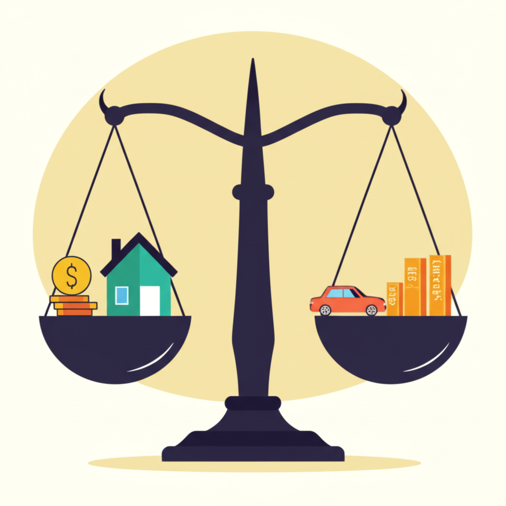 Illustration of a balanced scale with one side showing small money and the other large assets representing leverage