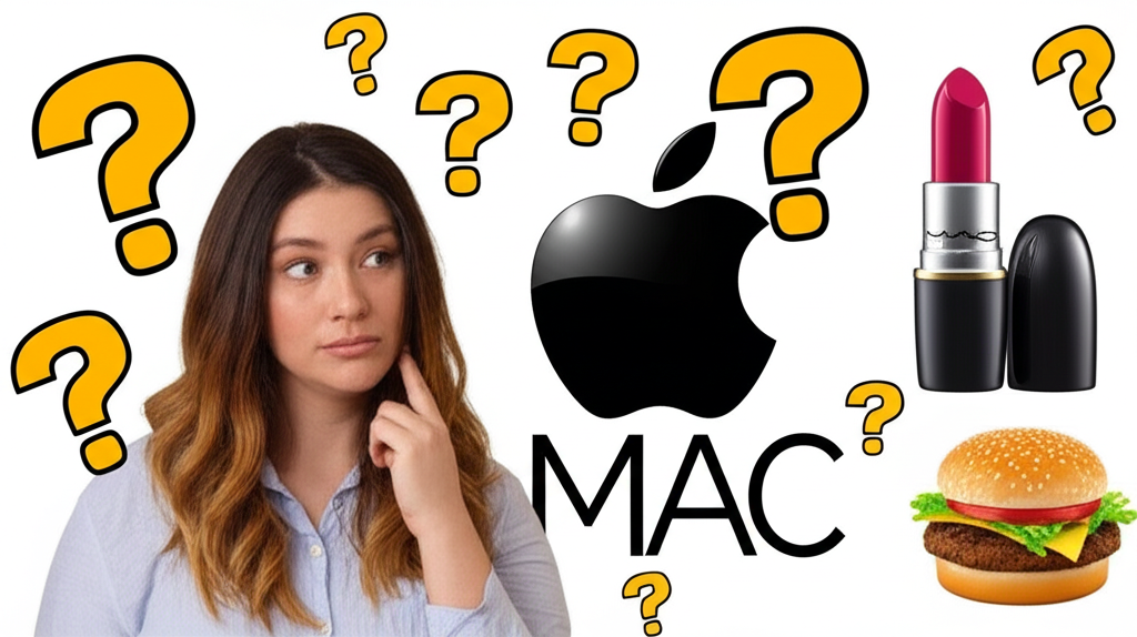 ภาพประกอบแสดงความสับสนของบุคคลที่กำลังมองหาแหล่งกำเนิดของ Mac: โลโก้ Apple ลิปสติก MAC และเบอร์เกอร์ Big Mac พร้อมเครื่องหมายคำถาม