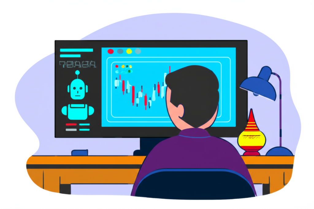 เทรดเดอร์ไทยกำลังดูหน้าจอที่หุ่นยนต์เทรด Forex ทำงานอัตโนมัติ