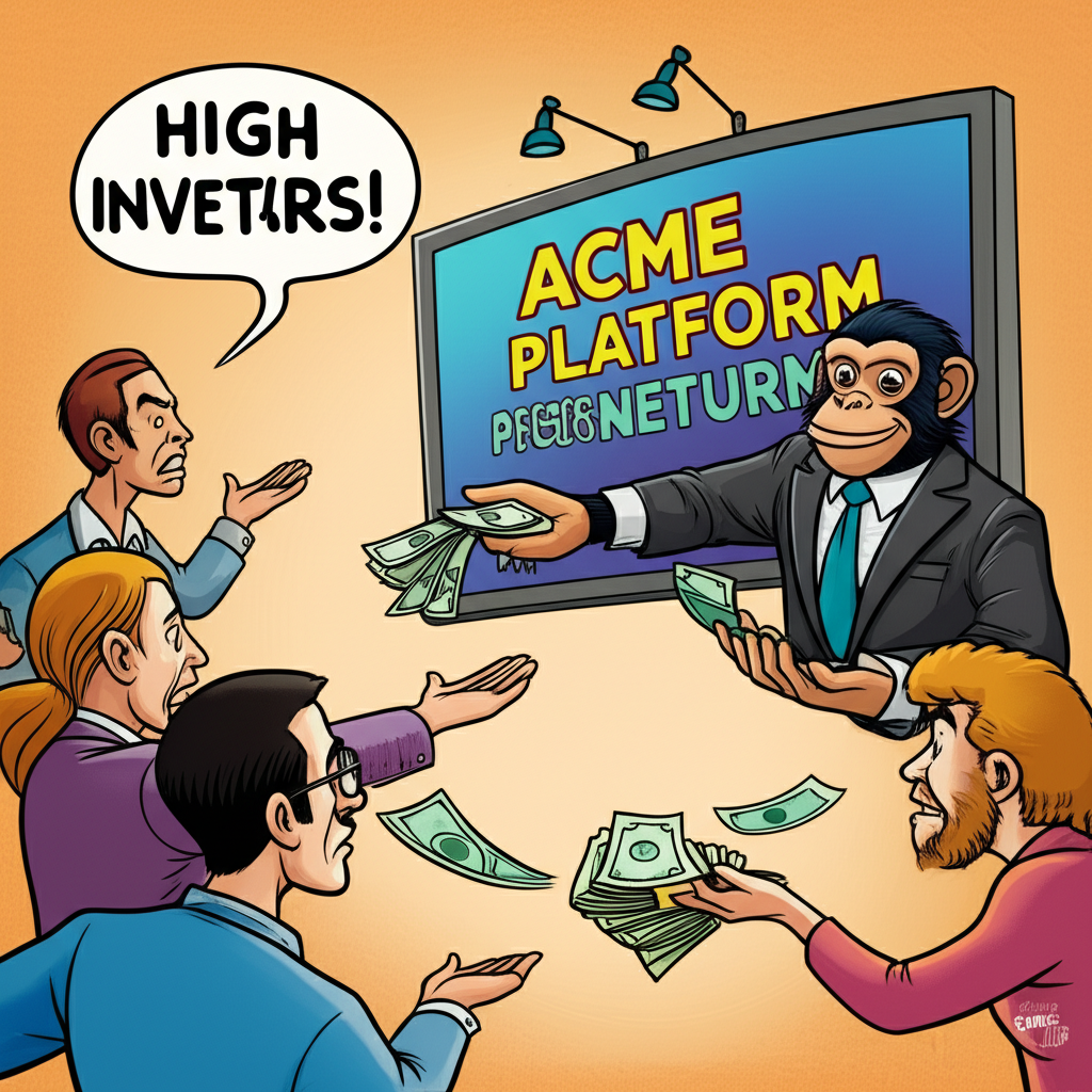 Illustration of investors losing money with a cunning black monkey character promising high returns connected to Acme platform