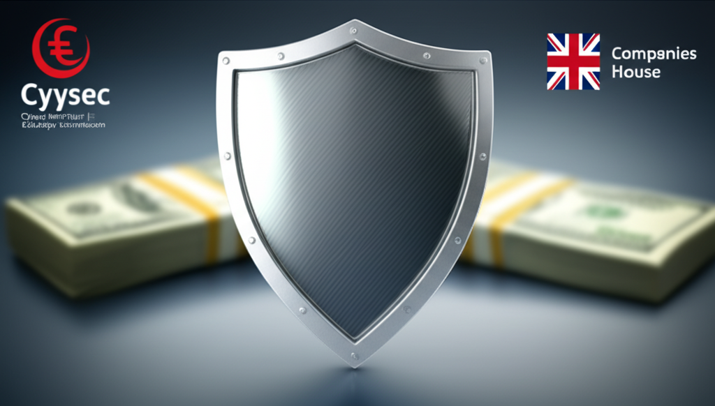 An illustration of a shield protecting money with CySEC and UK company house logos in the background