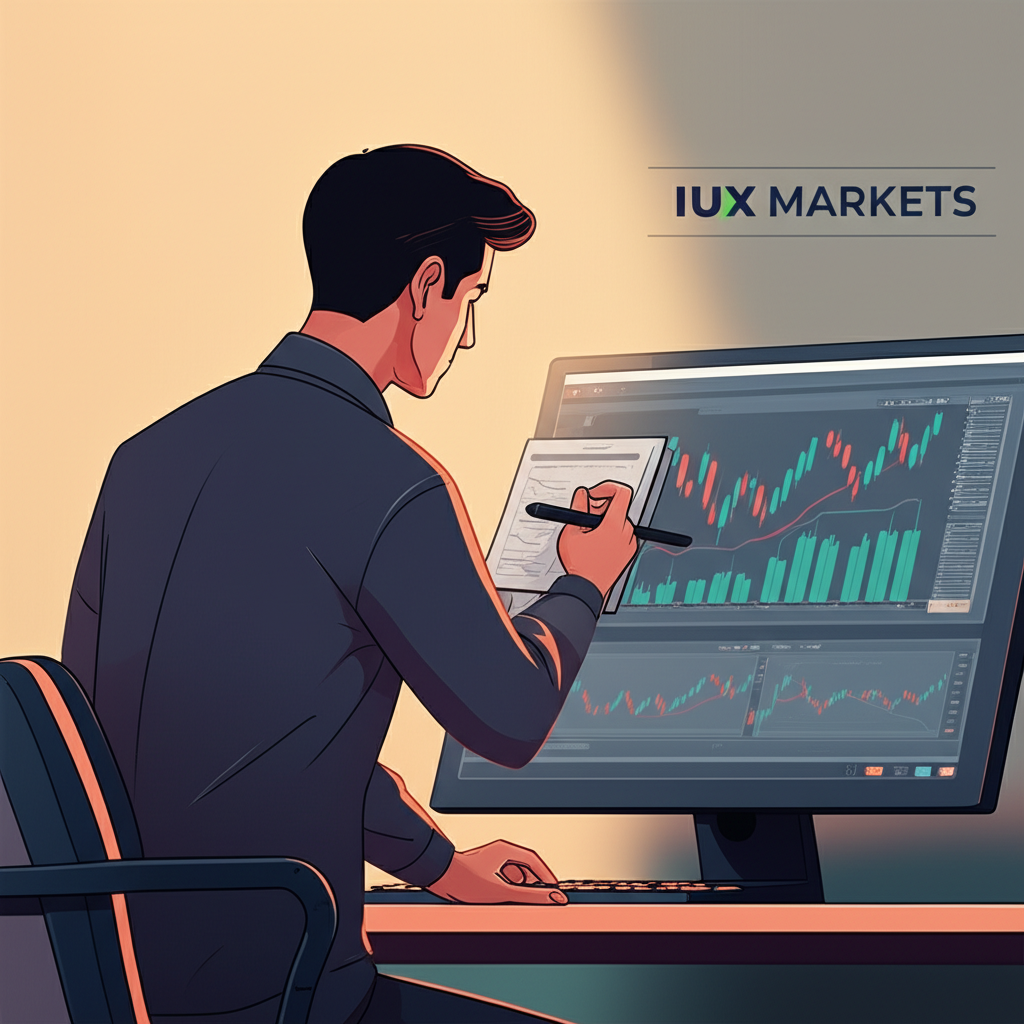 Thai trader confidently analyzing charts with IUX Markets logo in the background