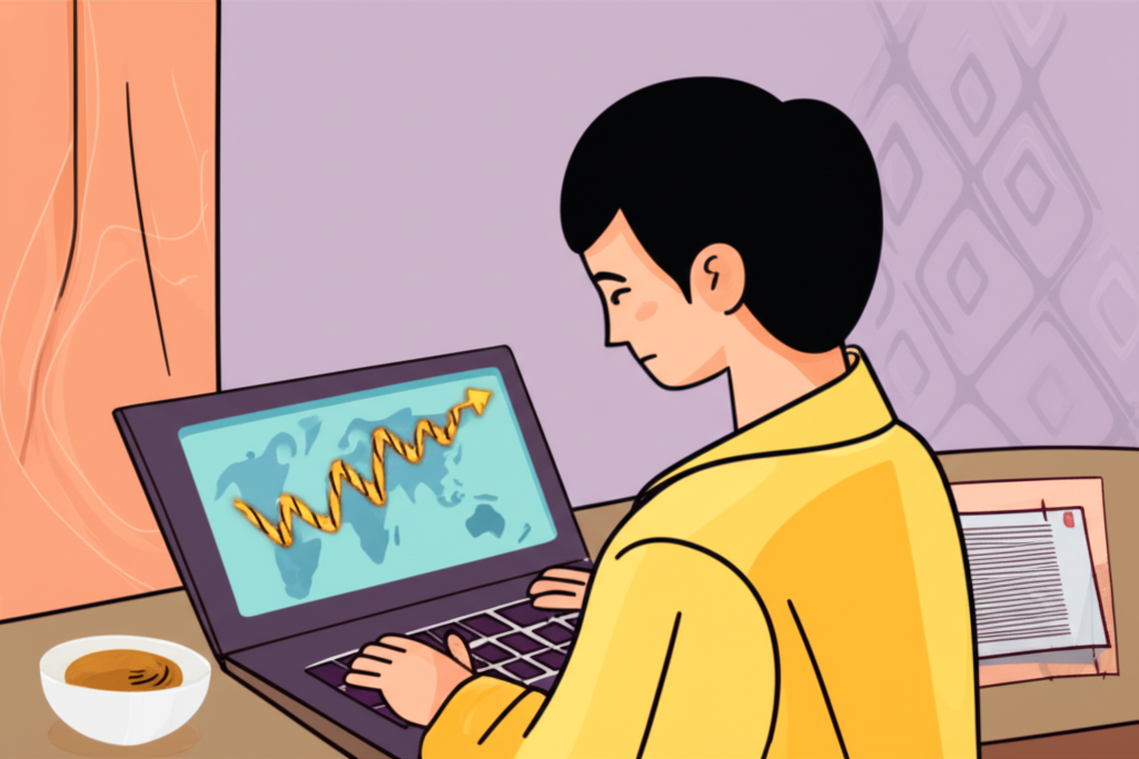 An illustration of a Thai trader looking at a gold chart on a laptop planning trading strategies