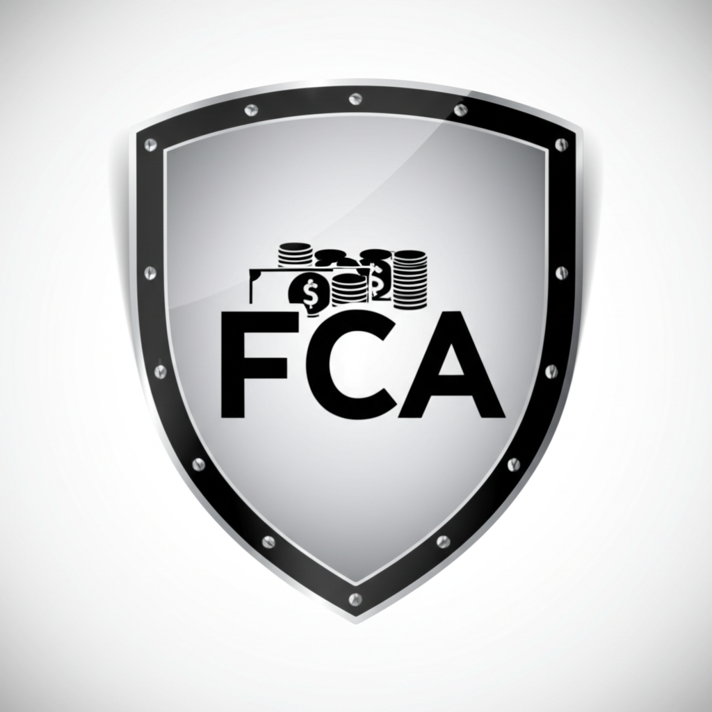 ภาพประกอบโล่ป้องกันเงินทุน พร้อมโลโก้ FCA สื่อถึงการกำกับดูแลที่เข้มงวดและความปลอดภัยของนักลงทุน