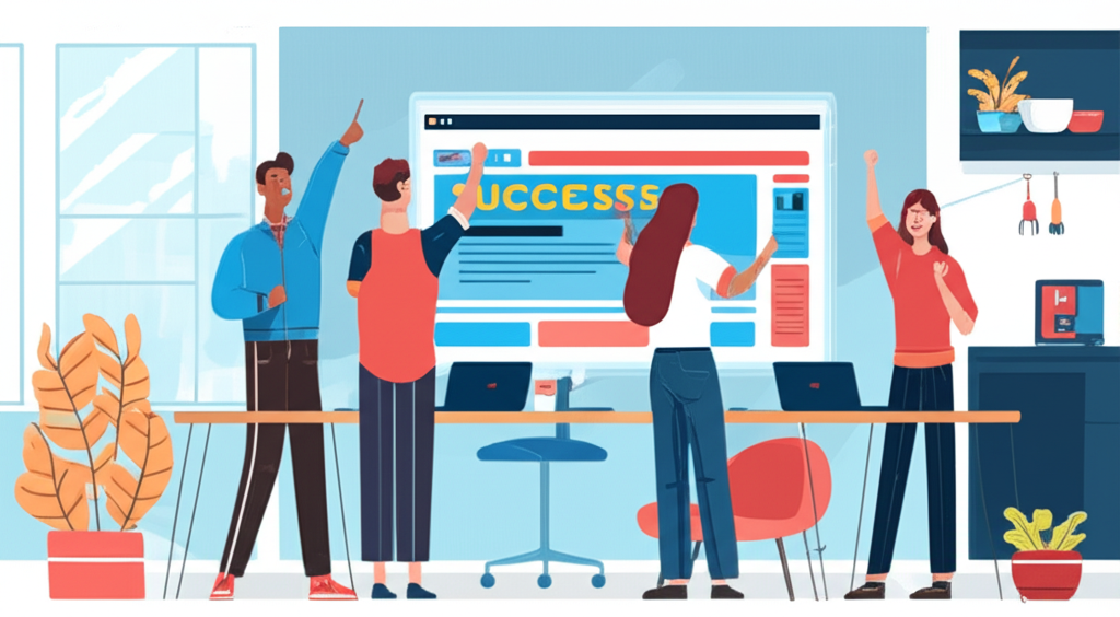 Illustration of a modern office environment showing employees collaborating and celebrating success with good benefits
