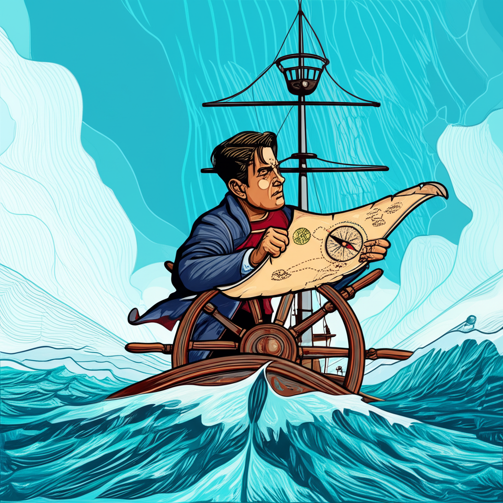 illustration of a trader navigating a vast forex ocean with a clear strategy map a compass and a steady ship
