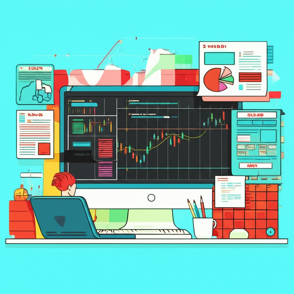 illustration of a trader combining technical analysis with charts indicators and candlestick patterns alongside fundamental analysis with news headlines and economic calendars