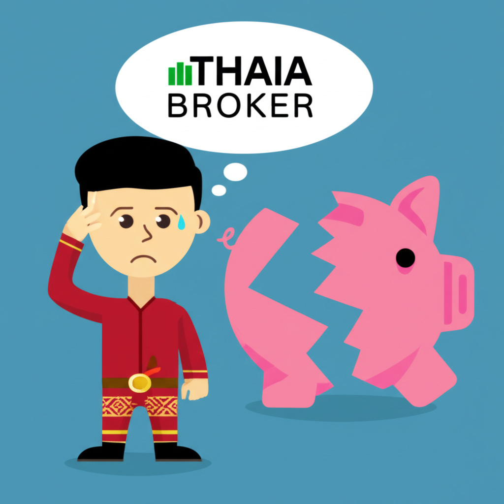Stressed Thai investor with broken piggy bank and disappearing broker logo
