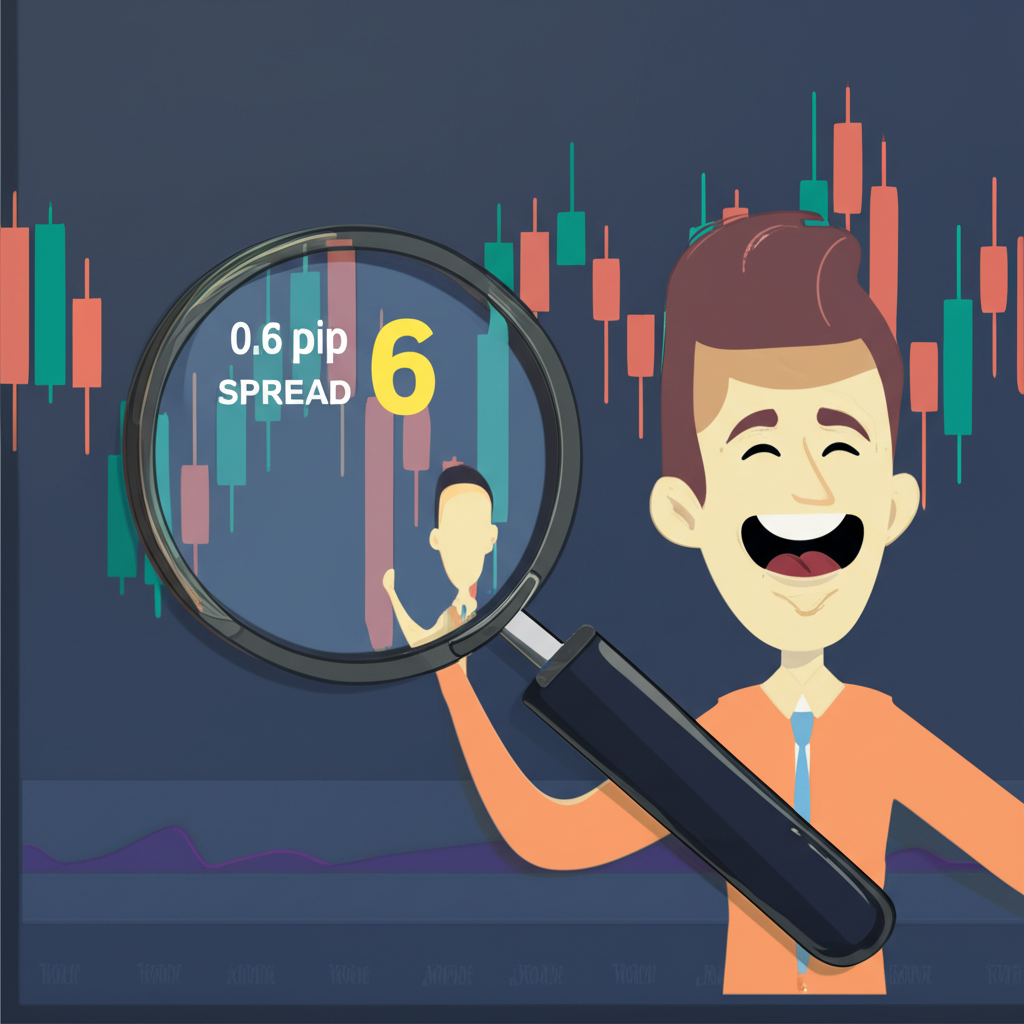 ภาพประกอบของแว่นขยายโฟกัสที่สเปรด 0.6 pip บนกราฟ Forex พร้อมเทรดเดอร์ยิ้มแย้ม