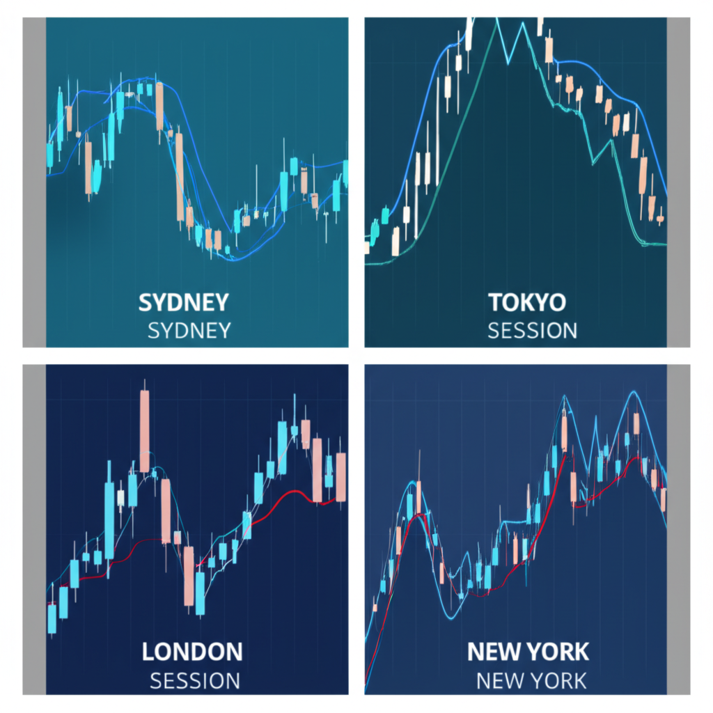 Four panels of forex sessions Sydney Tokyo London New York with trading charts