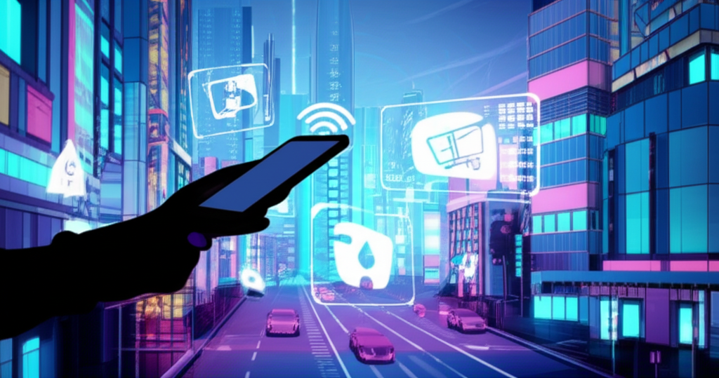 Illustration of person paying with smartphone in futuristic city digital world