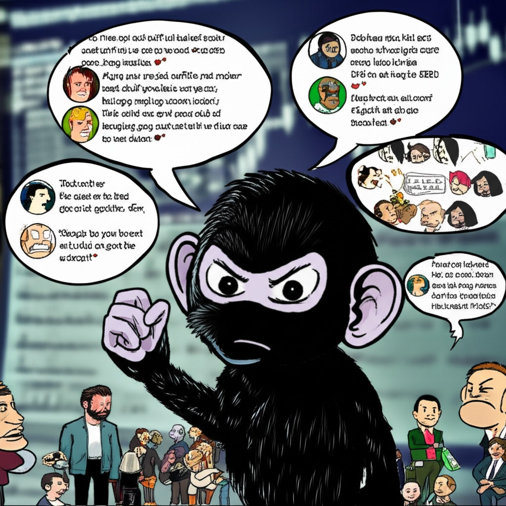 Illustration of a black monkey character with forex charts and people debating on social media about fraud allegations