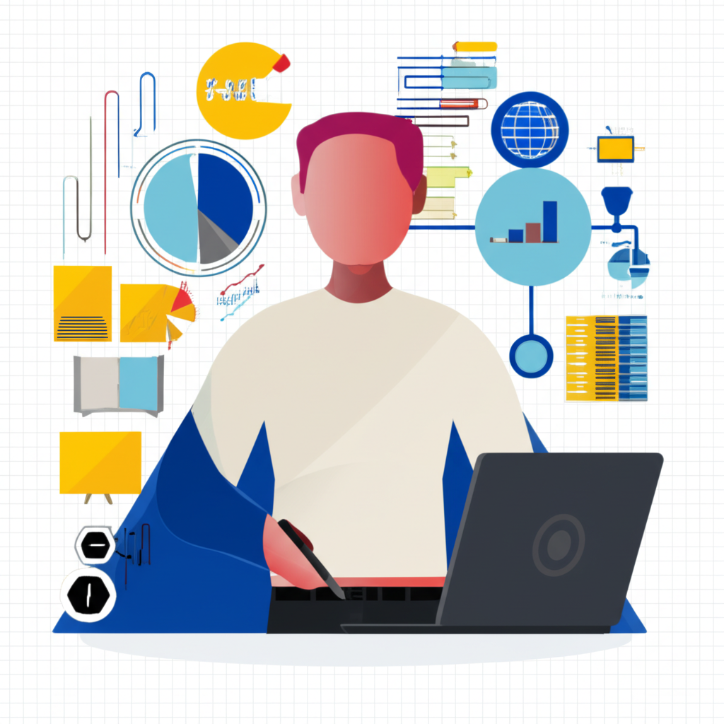 Economist analyzing data with charts and graphs global market illustration style