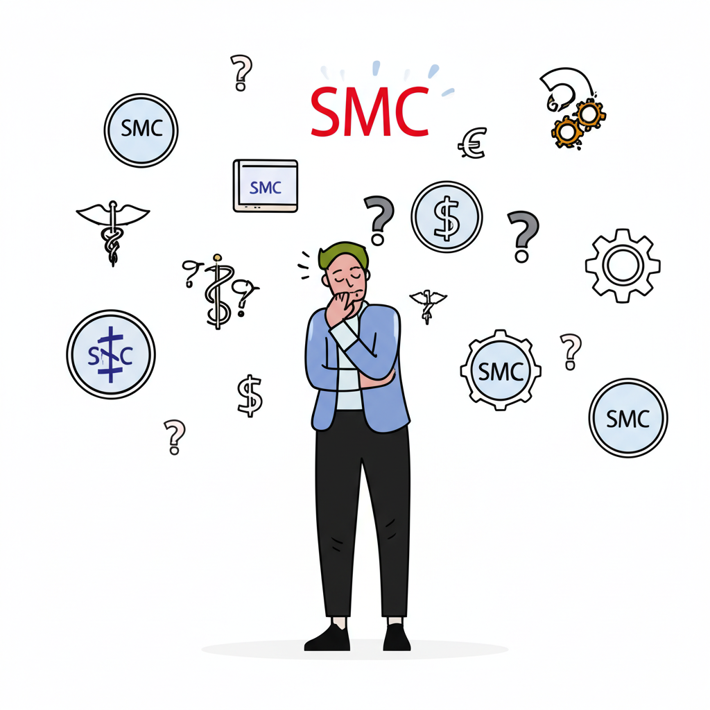 Illustration of a person confused by multiple meanings of SMC symbols in finance healthcare and industry