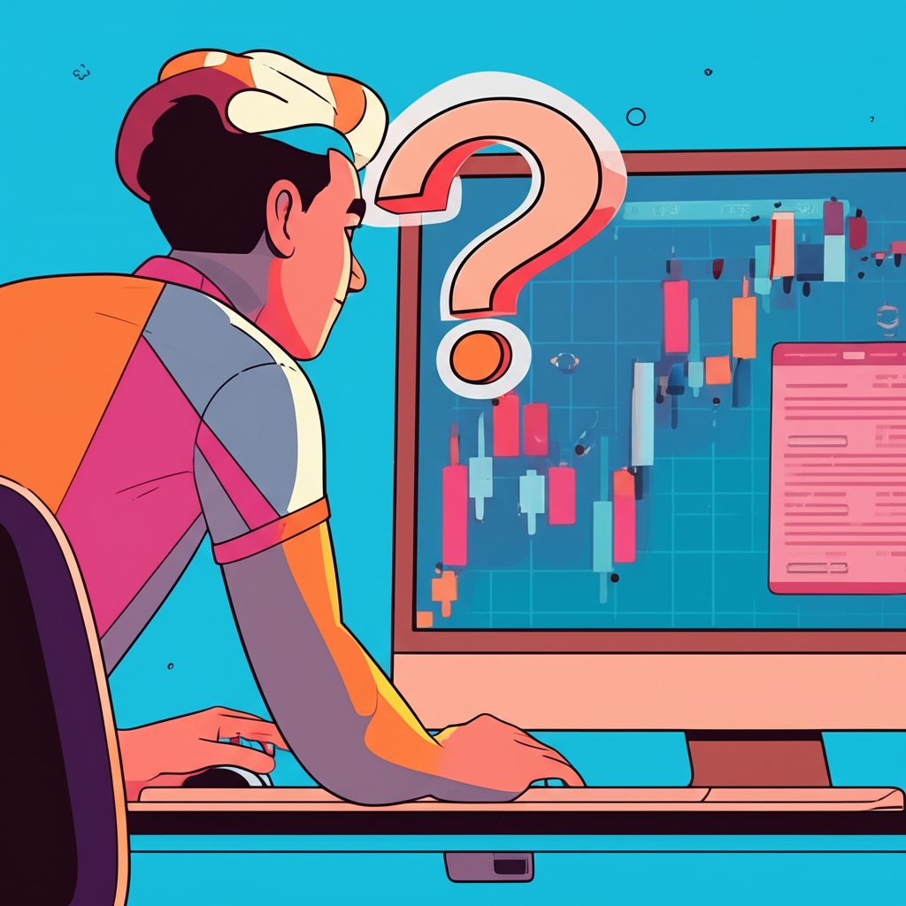 ภาพประกอบของบุคคลกำลังดูกราฟการเทรด Forex บนหน้าจอคอมพิวเตอร์พร้อมเครื่องหมายคำถามเกี่ยวกับ Aximtrade