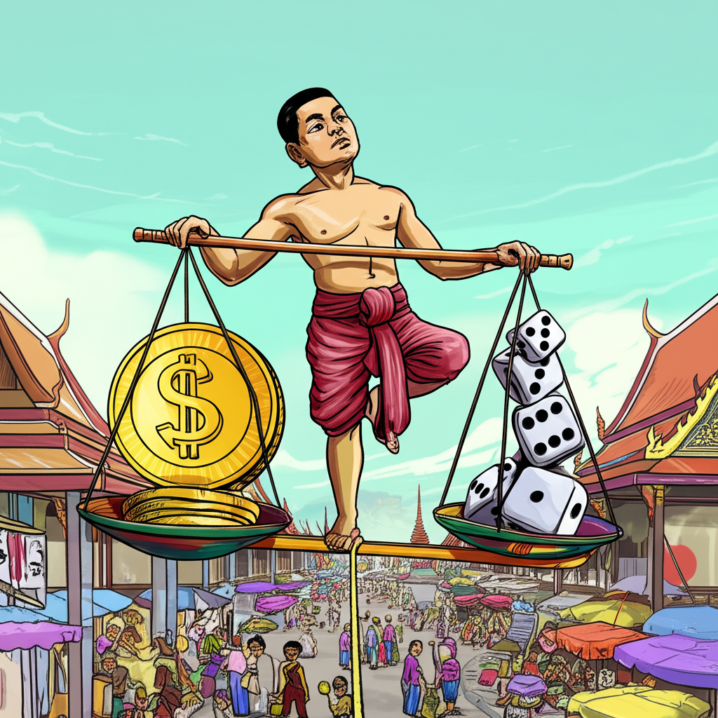 ภาพเทรดเดอร์ไทยยืนบนเชือกเส้นลับลวงด้วยเลเวอเรจ 1:1000 สมดุลกำไรและความเสี่ยง