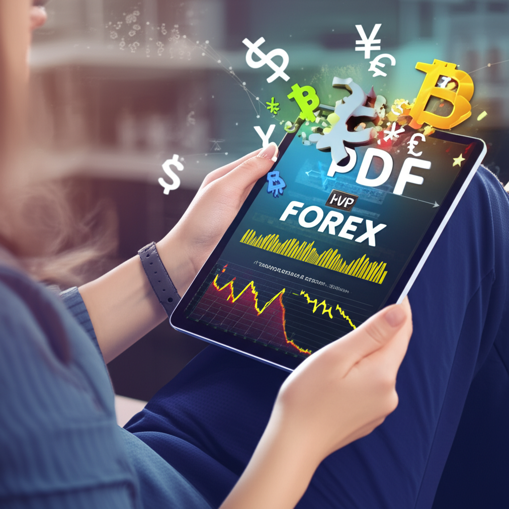 คนกำลังศึกษาหนังสือ Forex PDF บนแท็บเล็ตพร้อมสัญลักษณ์สกุลเงินโลกและกราฟการเรียนรู้ที่สดใส