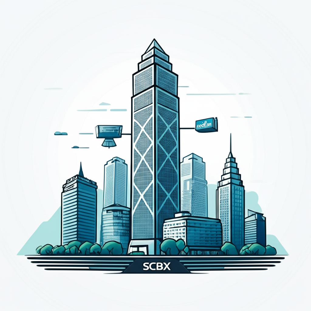SCBX as a towering financial technology group with satellite companies around it representing innovation illustration style