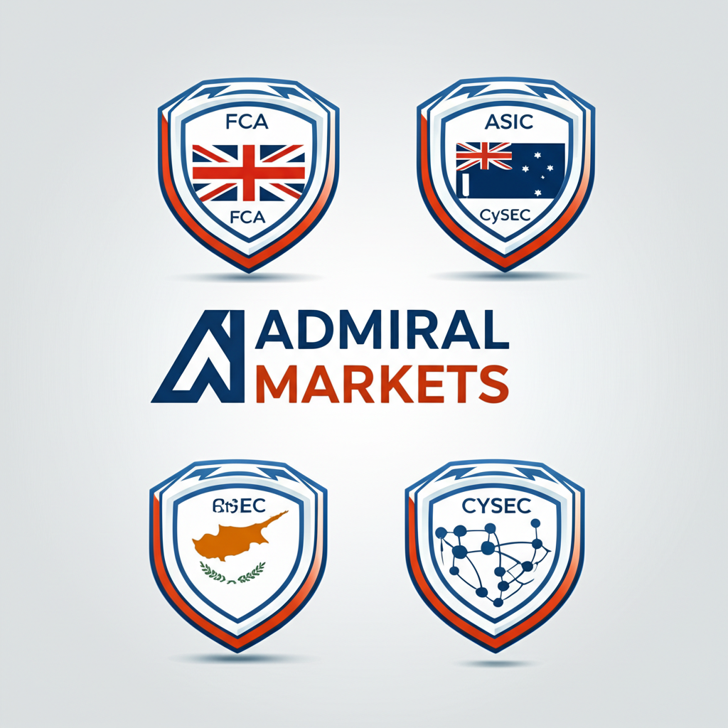 โลโก้ Admiral Markets พร้อมโล่กำกับดูแลจาก FCA ASIC CySEC แสดงถึงความน่าเชื่อถือระดับโลก