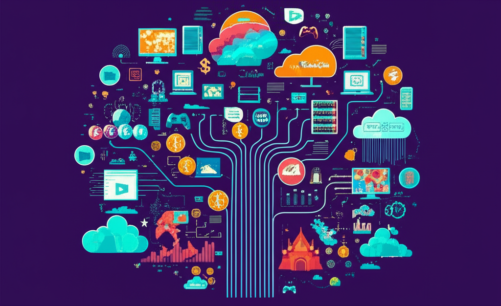 illustration Tencent diverse business empire global gaming digital ecosystem communication finance cloud content Thailand impact