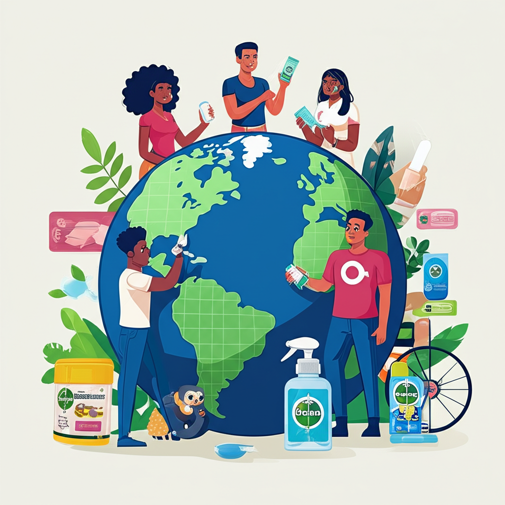 Illustration of diverse people globally using Reckitt Benckiser health and hygiene products like Dettol and Durex