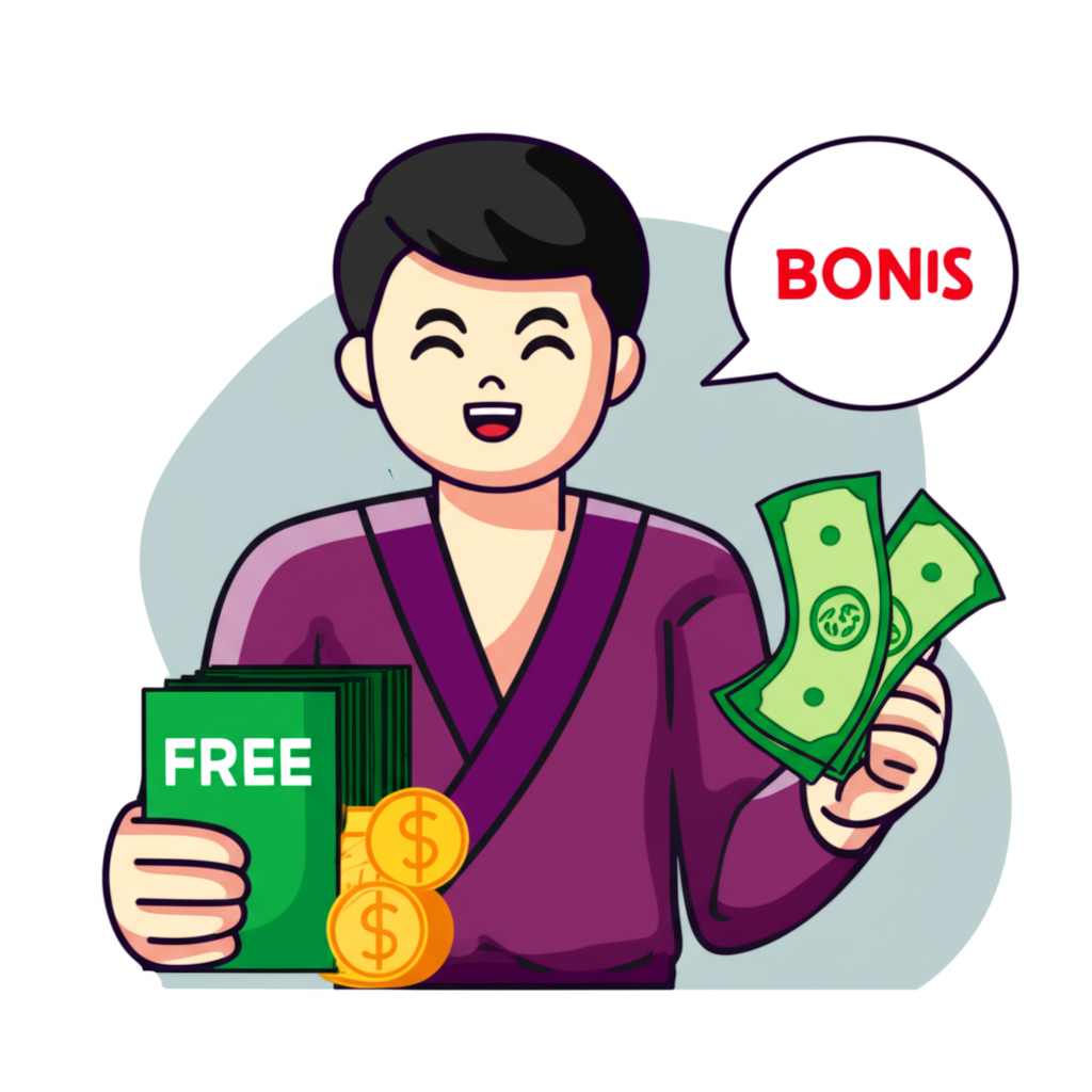 Illustration of a Thai trader happily finding a forex broker offering free bonus money with low risk