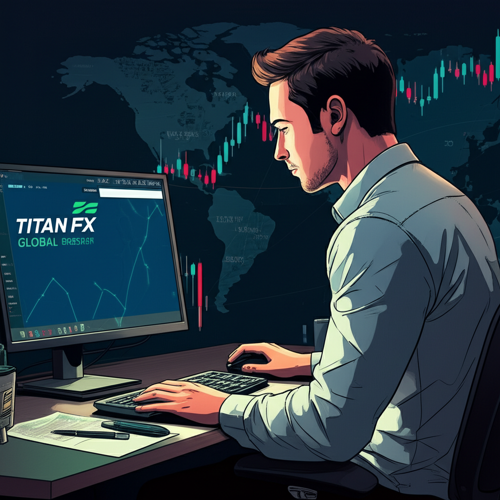 Forex trader using computer with Titan FX logo and global map background