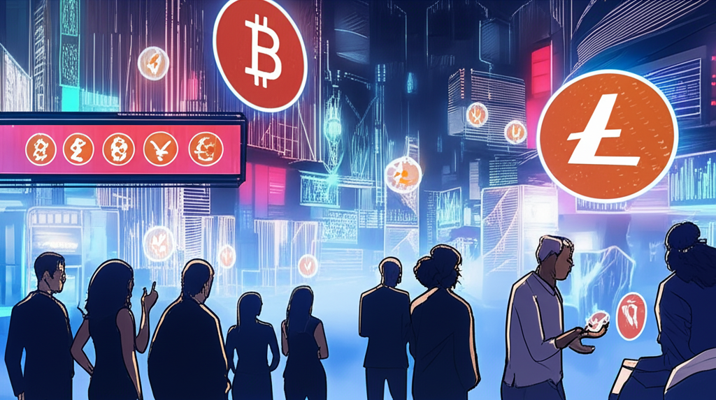 illustration of a futuristic digital city with crypto symbols and a diverse group of investors looking at charts