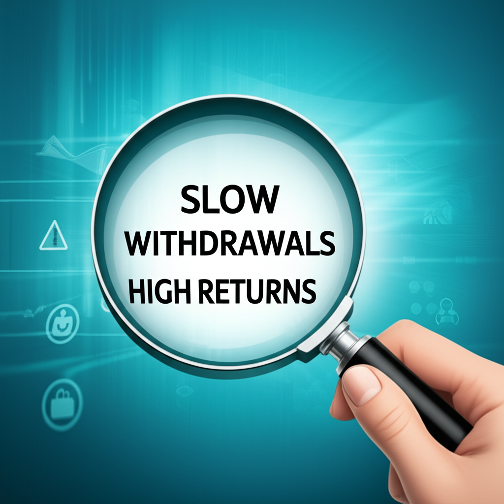 Magnifying glass highlighting warning signs like slow withdrawals and high returns on forex platform