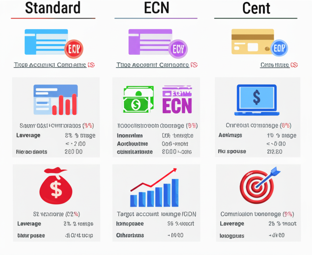 illustration showing different account types like standard ECN and cent with varying features and benefits