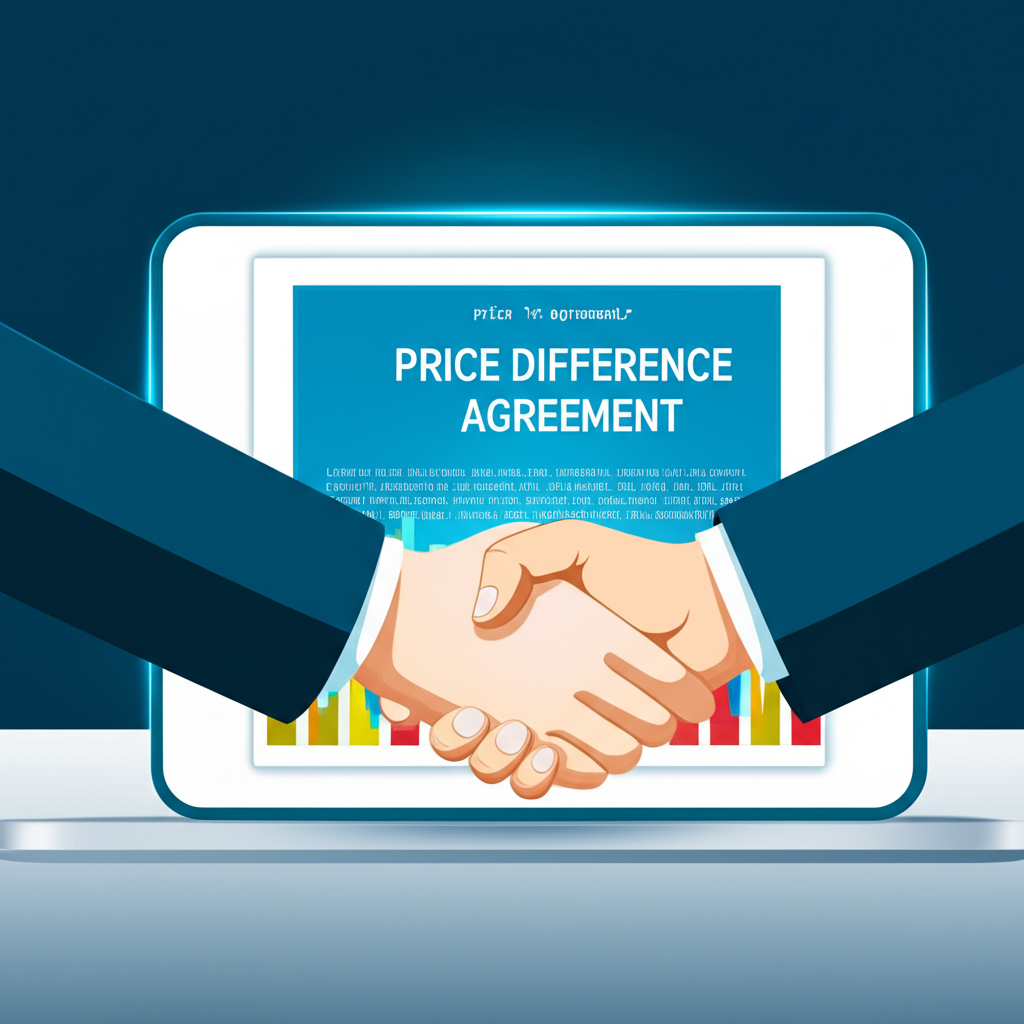 Illustration of two hands shaking on a digital contract representing a price difference agreement