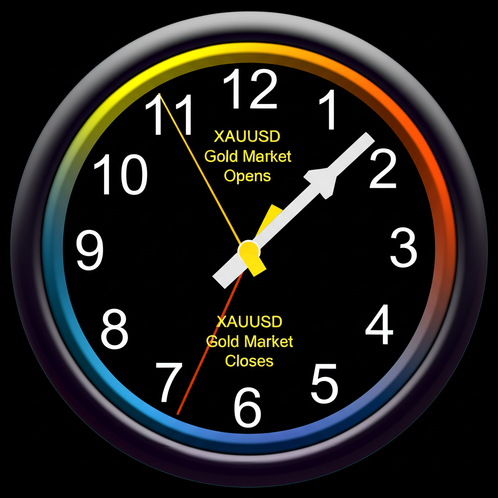 An illustration of a clock showing 5 AM and 4 AM with XAUUSD gold market opening and closing times
