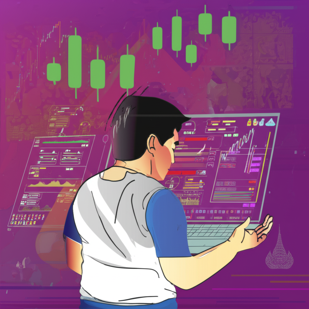 ภาพประกอบนักเทรดชาวไทยกำลังวิเคราะห์กราฟ Forex ด้วยอินดิเคเตอร์เพื่อศึกษาทิศทางตลาด