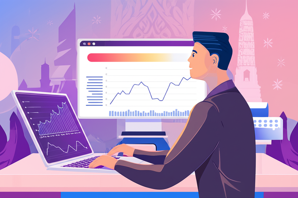 A confident Thai investor navigating a volatile stock market using fundamental analysis illustration