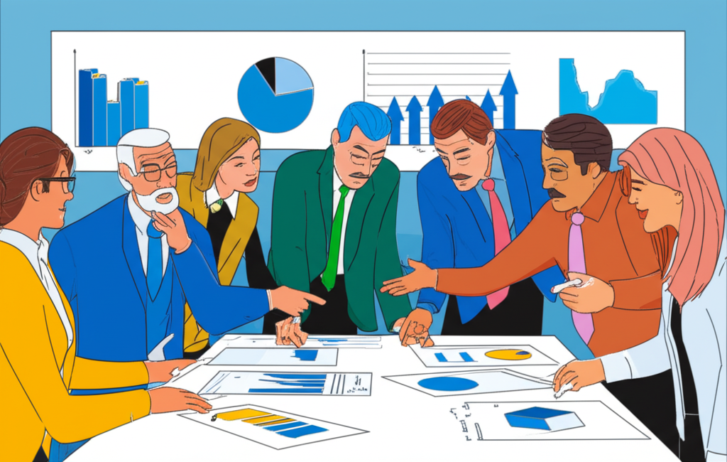 Group of economists in a meeting reviewing charts for policy decisions