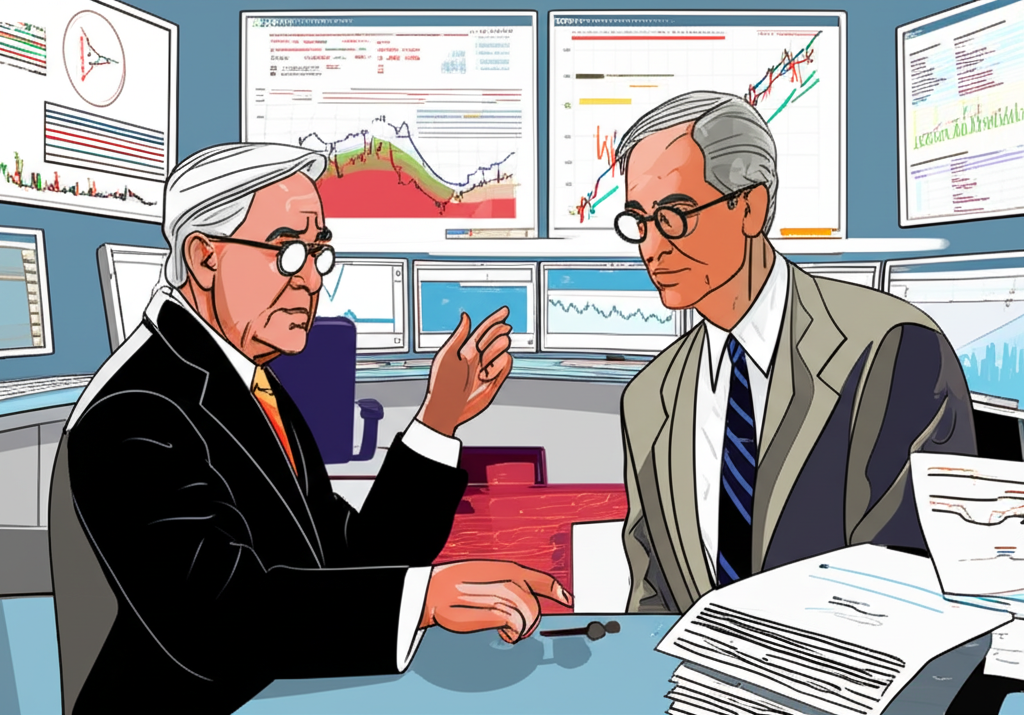 ภาพประกอบนักเทรด Forex ในตำนานอย่าง Soros และ Jones กำลังหารือกลยุทธ์ท่ามกลางกราฟและข้อมูลพื้นหลัง
