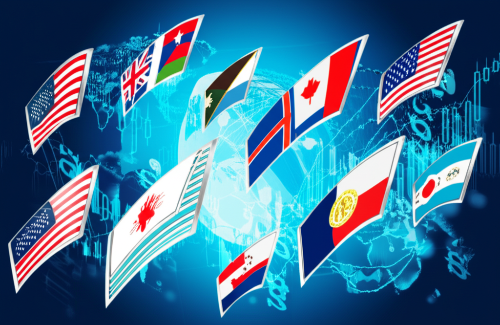 Global Forex market with currency flags and trading interfaces