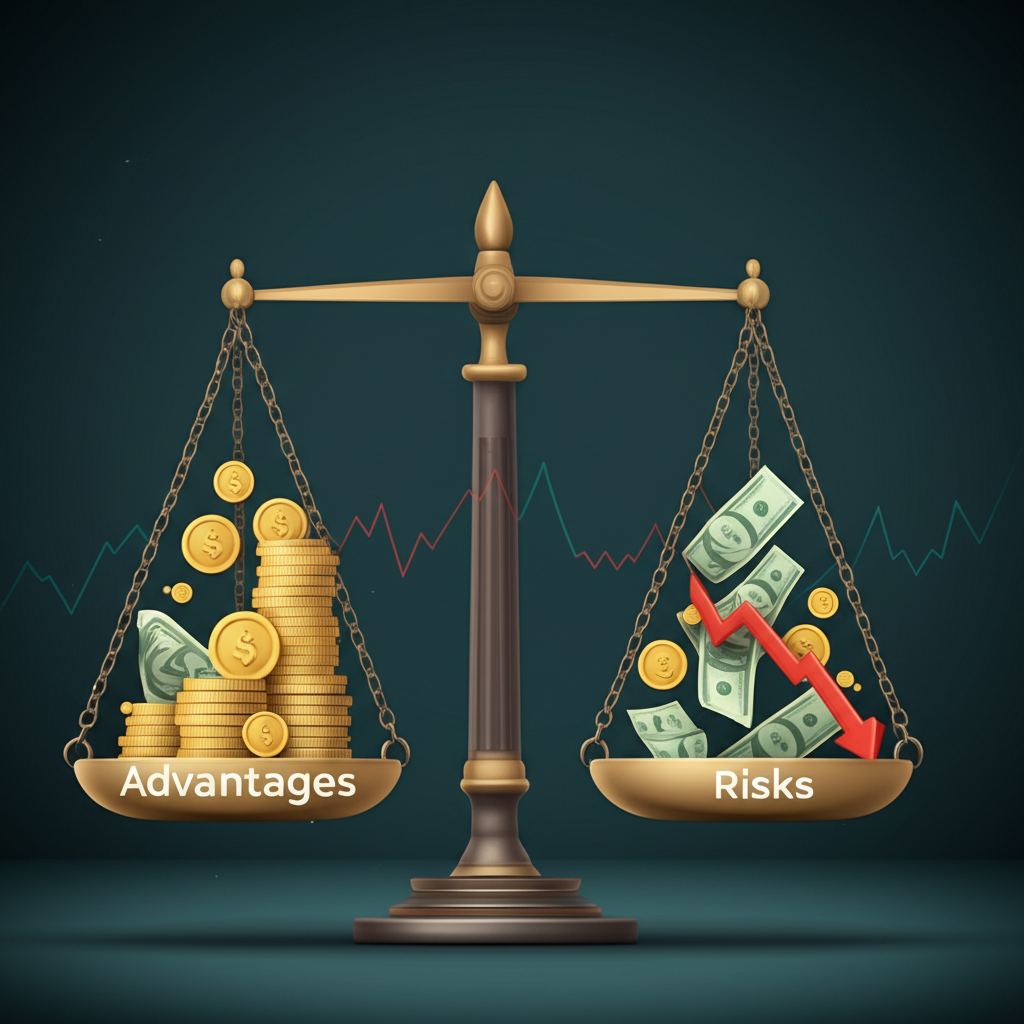 ภาพประกอบตาชั่งที่แสดงข้อดีและข้อเสียของ Forex กับเงินทุนและกราฟตัวชี้วัด