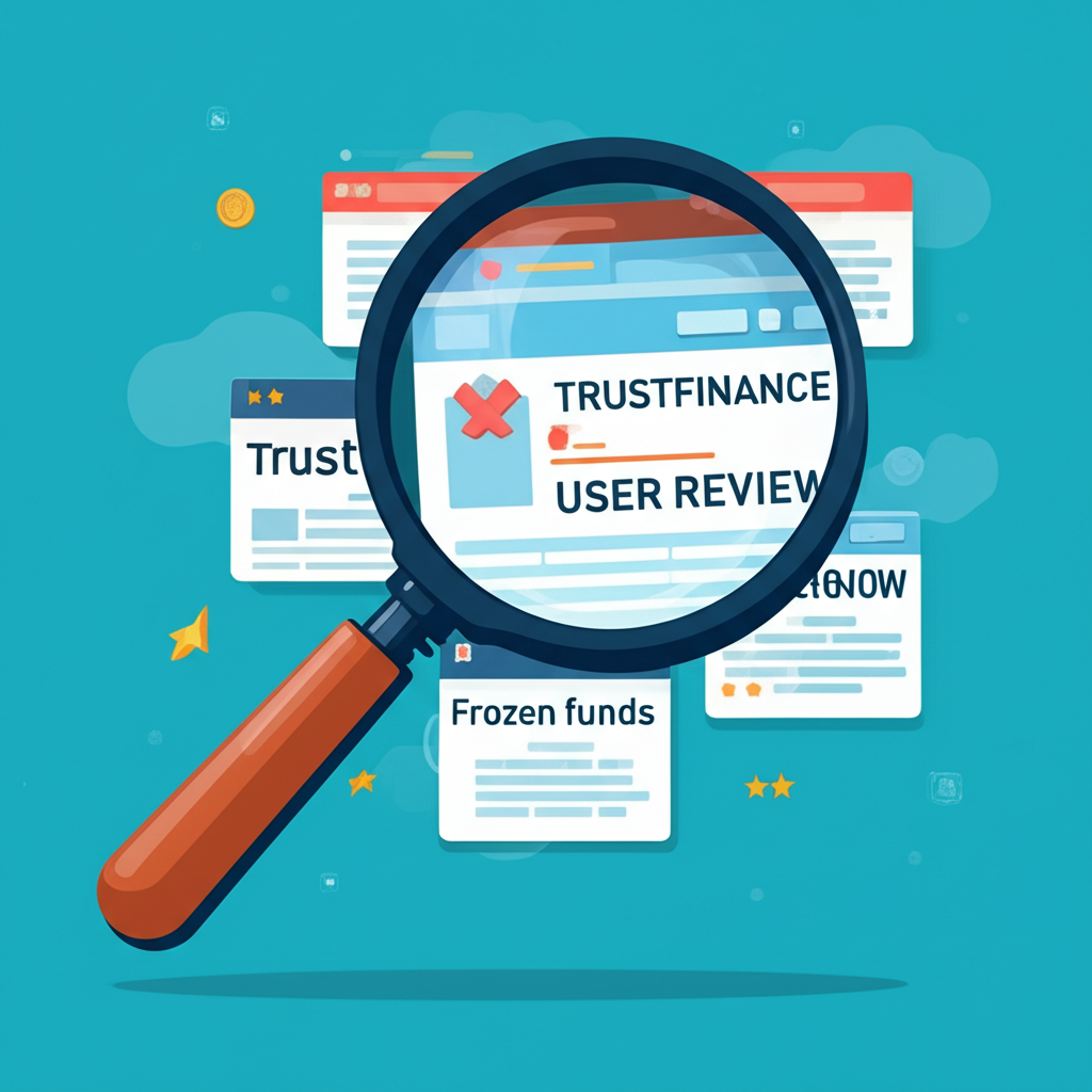 Magnifying glass on Trustfinance reviews highlighting withdrawal problems