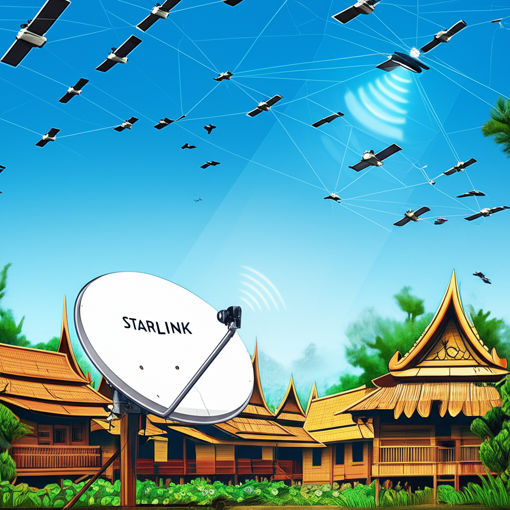 ภาพประกอบจานรับสัญญาณ Starlink เชื่อมต่อหมู่บ้านห่างไกลในไทยด้วยอินเทอร์เน็ตความเร็วสูง แนวคิดการเชื่อมต่อทั่วโลก
