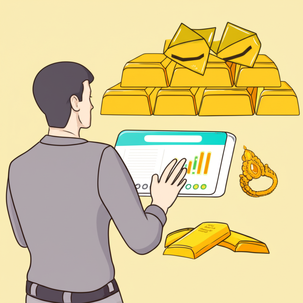 Illustration of a Thai person looking at a digital gold chart next to traditional gold bars and jewelry