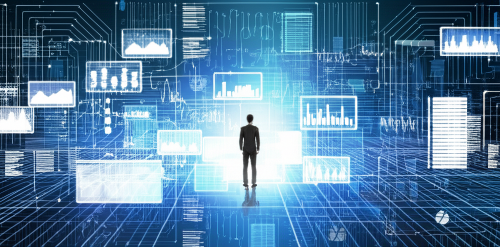 Illustration of a person confidently navigating a complex financial market with digital charts and graphs