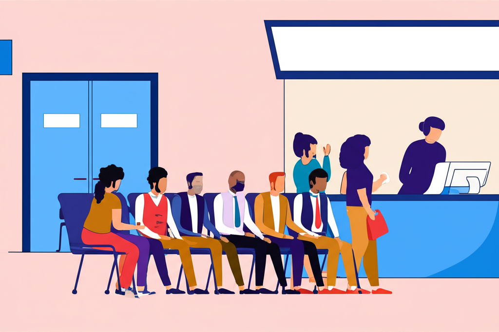 Illustration of people receiving unemployment benefits at a government office