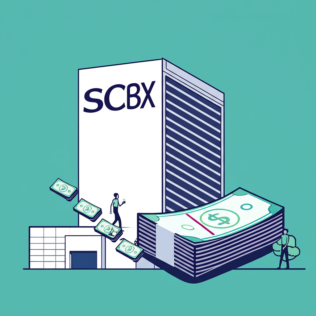 A person lending money to a large corporate entity with SCBX branding receiving interest payments in an illustration style