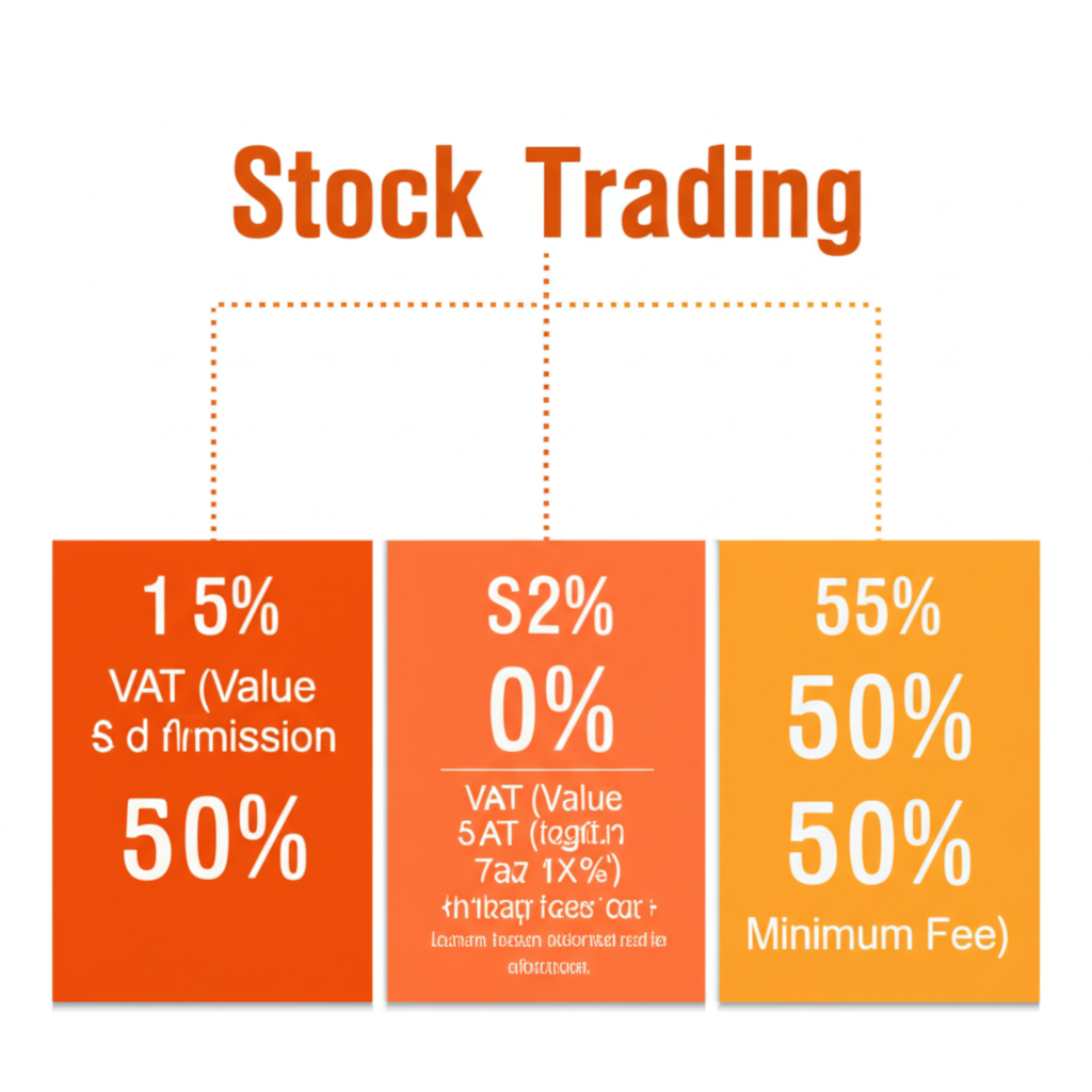 Breakdown of stock trading fees including commission VAT and minimum fee